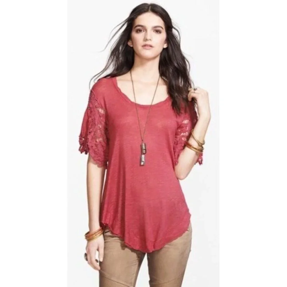 Free People Mallary's Battenburg Raspberry Lace Sleeve Top